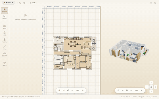 Il planner 3D in funzione: la planimetria quotata a sinistra e il modello tridimensionale che ruota a destra.